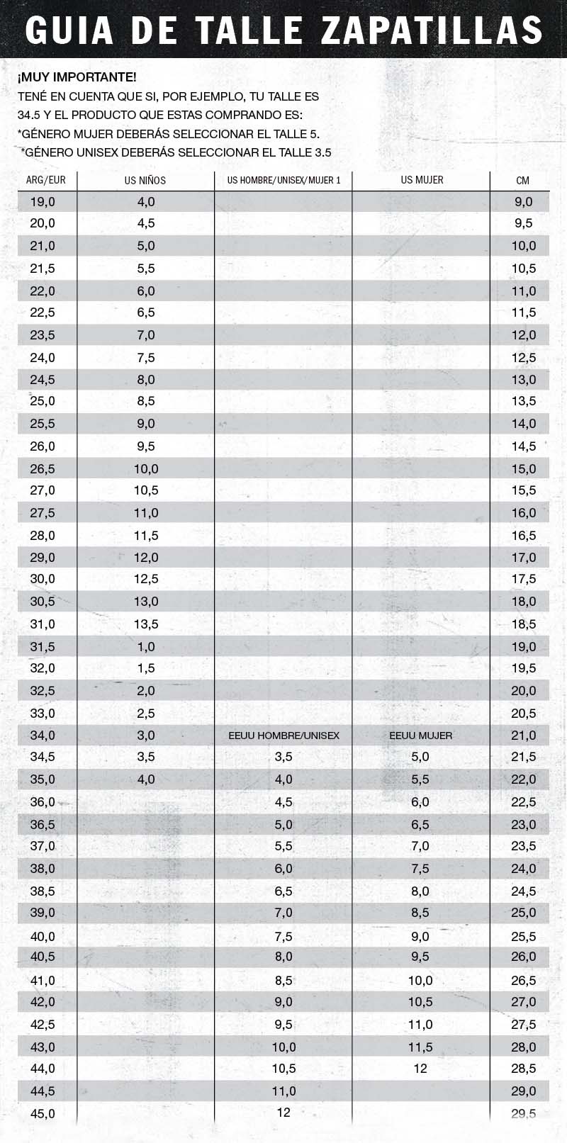 guia de tallas vans